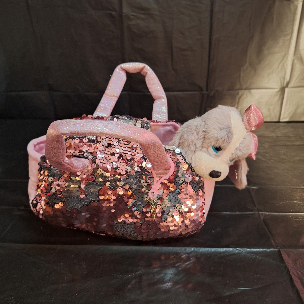 Valentino "Honey"  Gray Plush Puppy with Pink Sequin Dog Purse